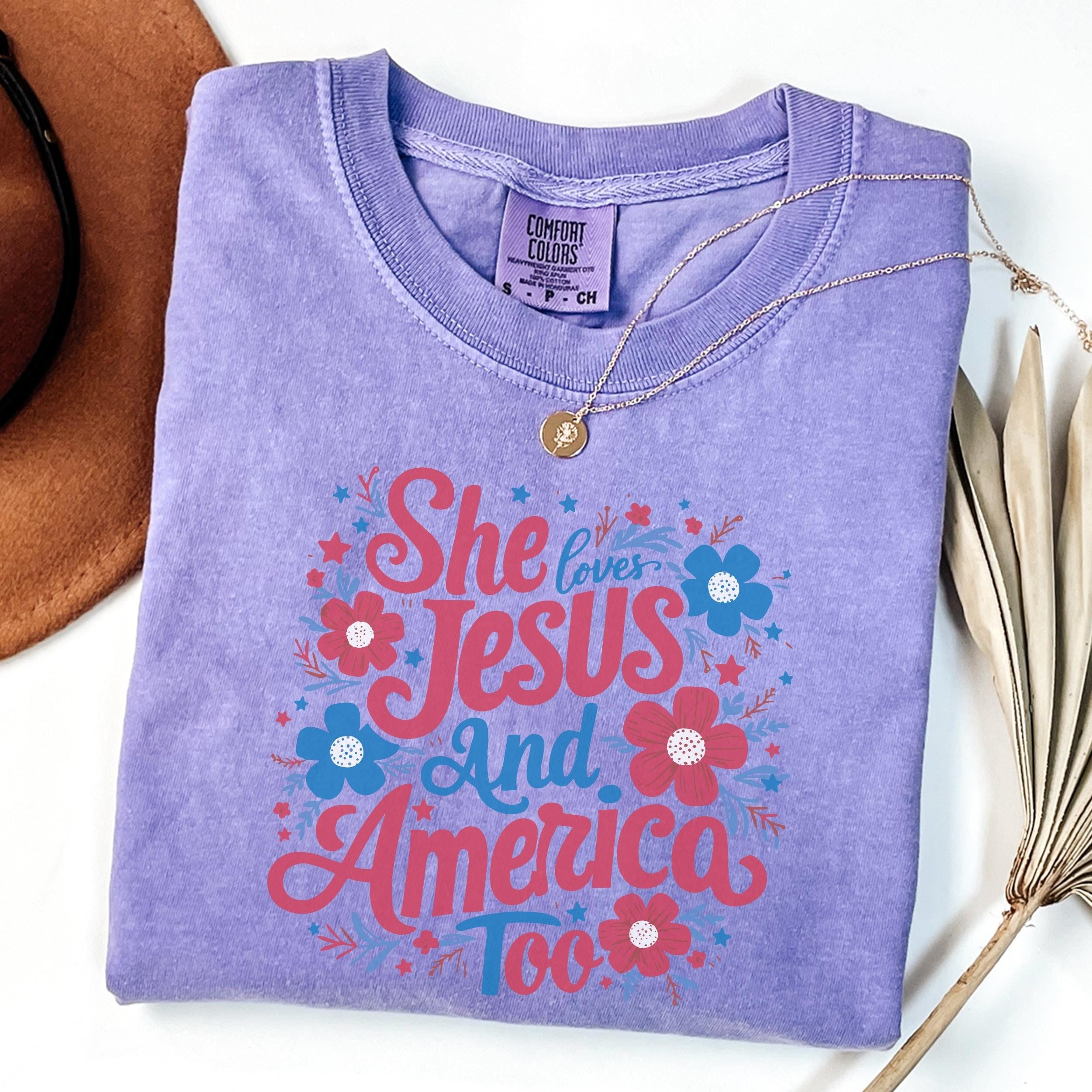 Comfort Colors® She Loves Jesus and America Too Shirt, 4th of July Shirt, USA Shirt, Fourth of July Shirt, Christian Shirt